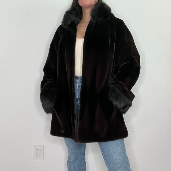 Nuage Dark Brown Black Faux Fur Hooded Coat w/ Trim Diamond Pattern Y2K - Picture 5 of 16